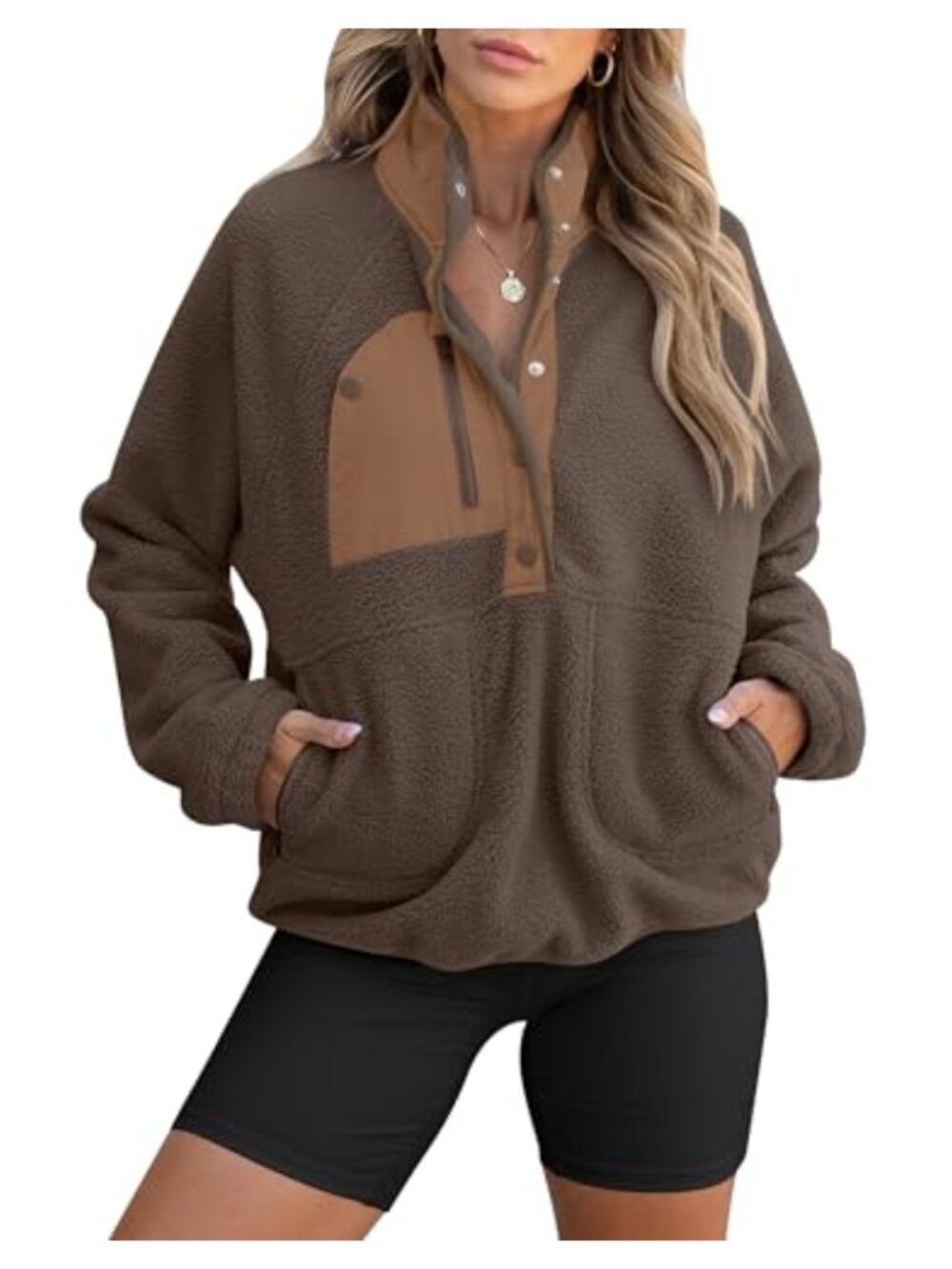 Fuzzy Fleece Sherpa Pullover Jacket Loose Fit Button Front Long Sleeve